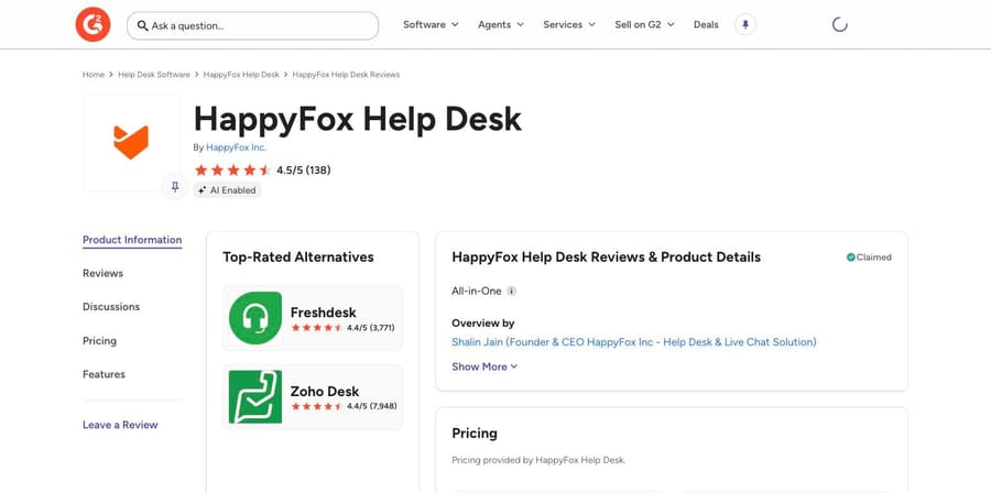 G2: HappyFox Help Desk scores 4.5 from 138 reviews