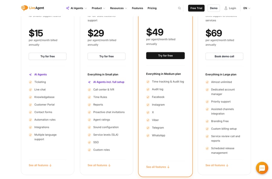 LiveAgent pricing: Small $15, Medium $29, Large $49 and Enterprise $69 per agent a month, billed annually