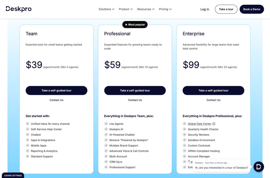 Deskpro pricing: Team $39, Professional $59 and Enterprise $99 per agent a month, with agent minimums