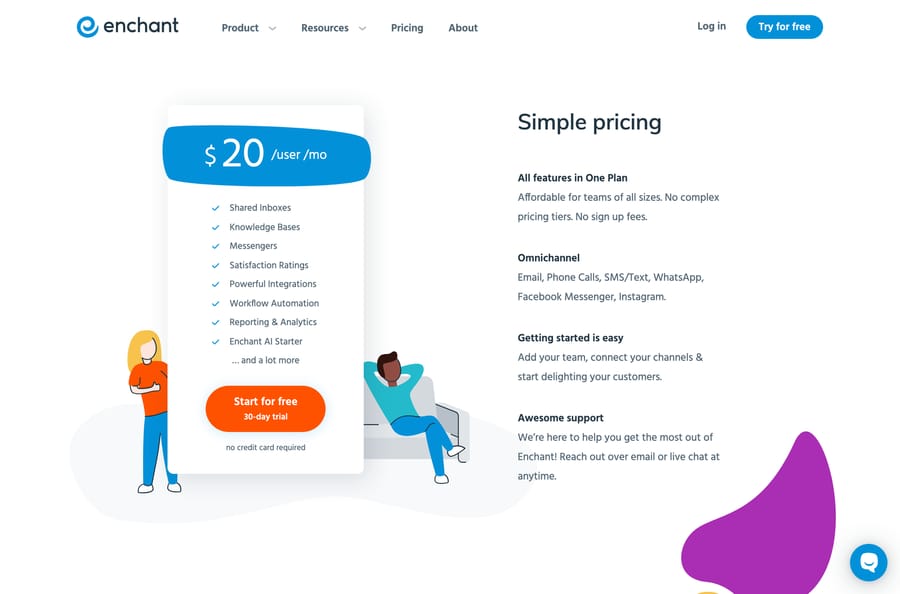 Enchant pricing: $20 per user a month with all features in one plan, 30-day trial, no card