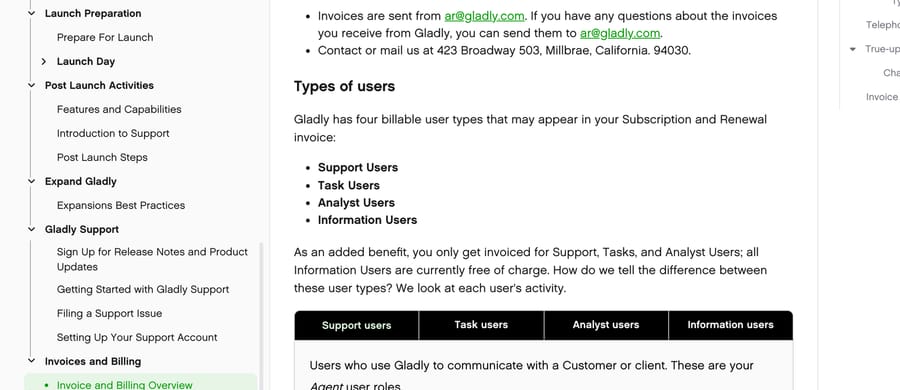 Gladly documentation: four billable user types, with Information Users free of charge