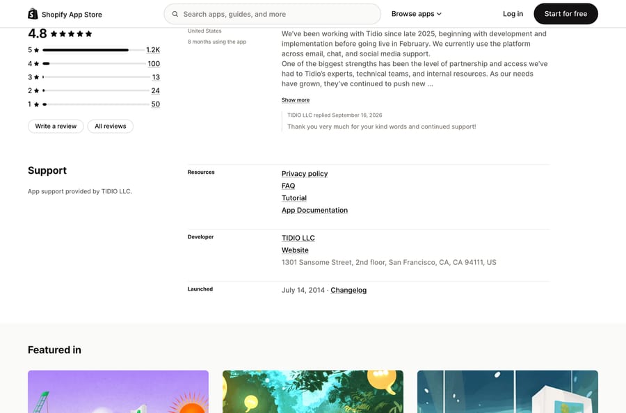 Tidio on the Shopify App Store: 4.8 from 1,341 reviews, with 50 one-star and 24 two-star