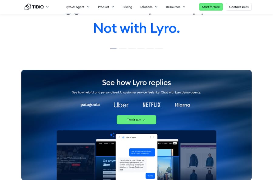 Tidio's Lyro page: demo agents built on Patagonia, Uber, Netflix and Klarna content