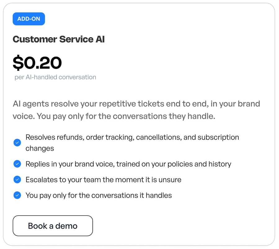 Richpanel's Customer Service AI card, read 24 September 2026: $0.20 per AI-handled conversation
