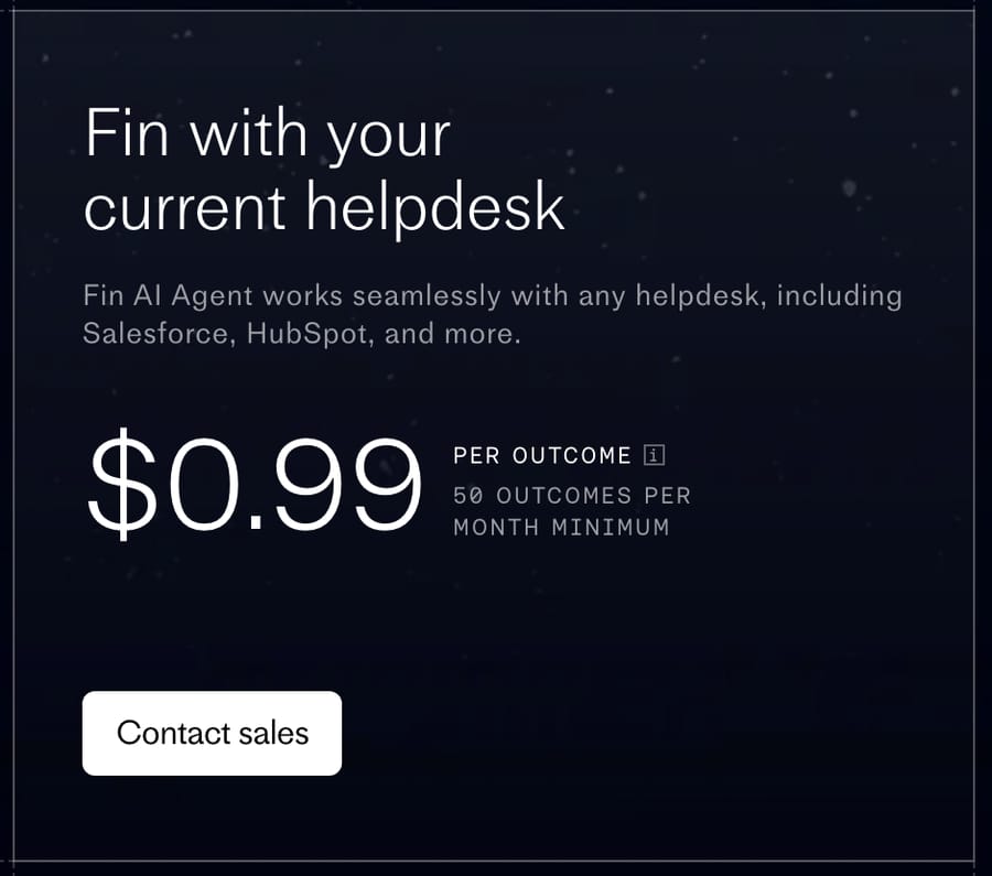 Intercom's Fin pricing card for teams on another help desk, read 24 September 2026: $0.99 per outcome with a 50-outcome monthly minimum
