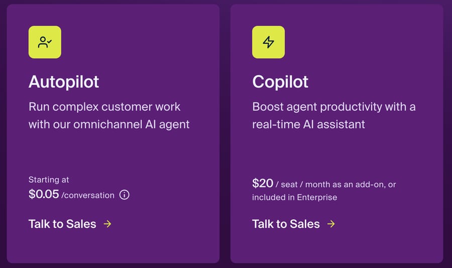 Front's pricing page, read 24 September 2026: Autopilot starting at $0.05 per conversation beside a Talk to Sales link