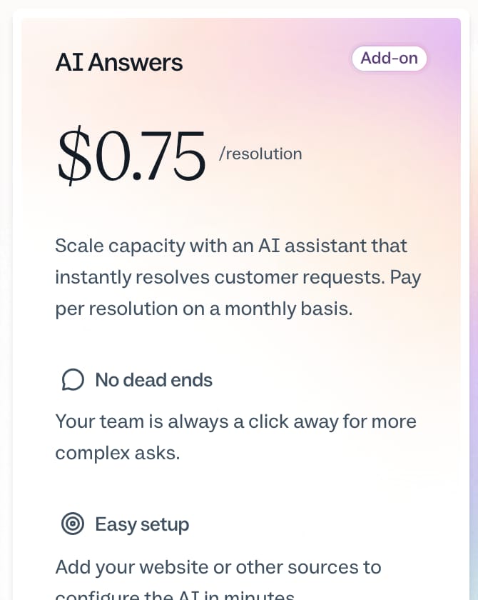 Help Scout's AI Answers add-on card, read 24 September 2026: $0.75 per resolution, billed monthly