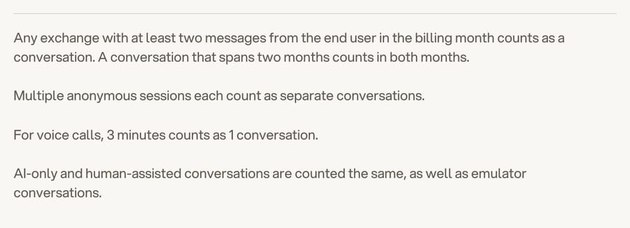 Botpress pricing FAQ: two end-user messages make a conversation; AI-only and human-assisted count the same, 25 Sept 2026