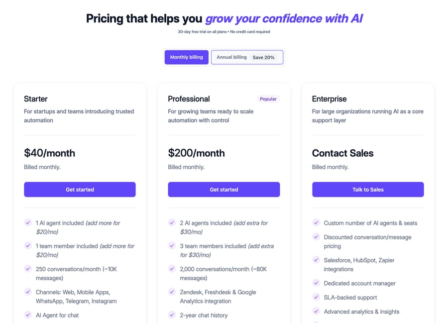 Kommunicate pricing, billed monthly: Starter $40 and Professional $200 a month; Enterprise through sales.