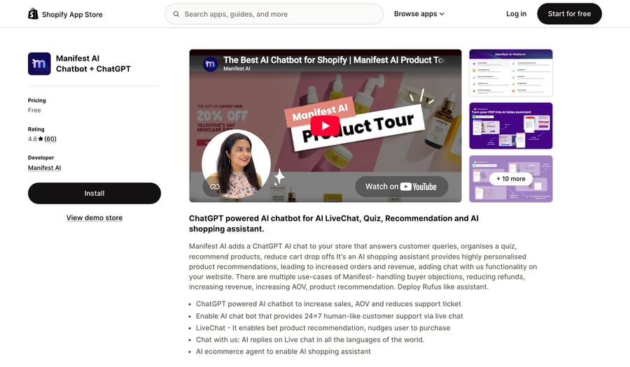 Manifest AI's Shopify App Store listing: free to install, 4.6 stars from 60 reviews.