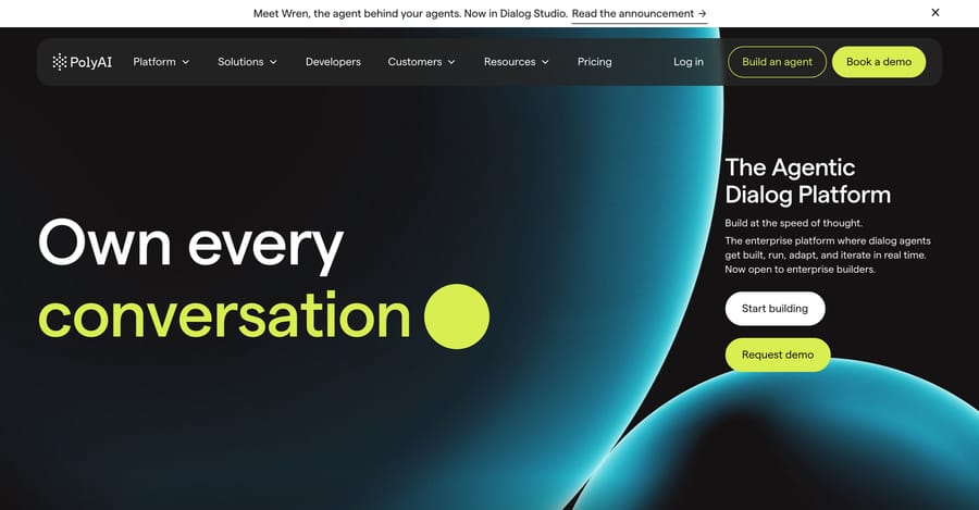 PolyAI's homepage: "Own every conversation" (the last word rotates), under "The Agentic Dialog Platform" for enterprise builders.