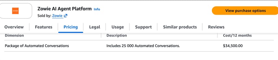 AWS Marketplace listing for the Zowie AI Agent Platform: a package of 25,000 automated conversations for $34,500 over 12 months, read 25 September 2026