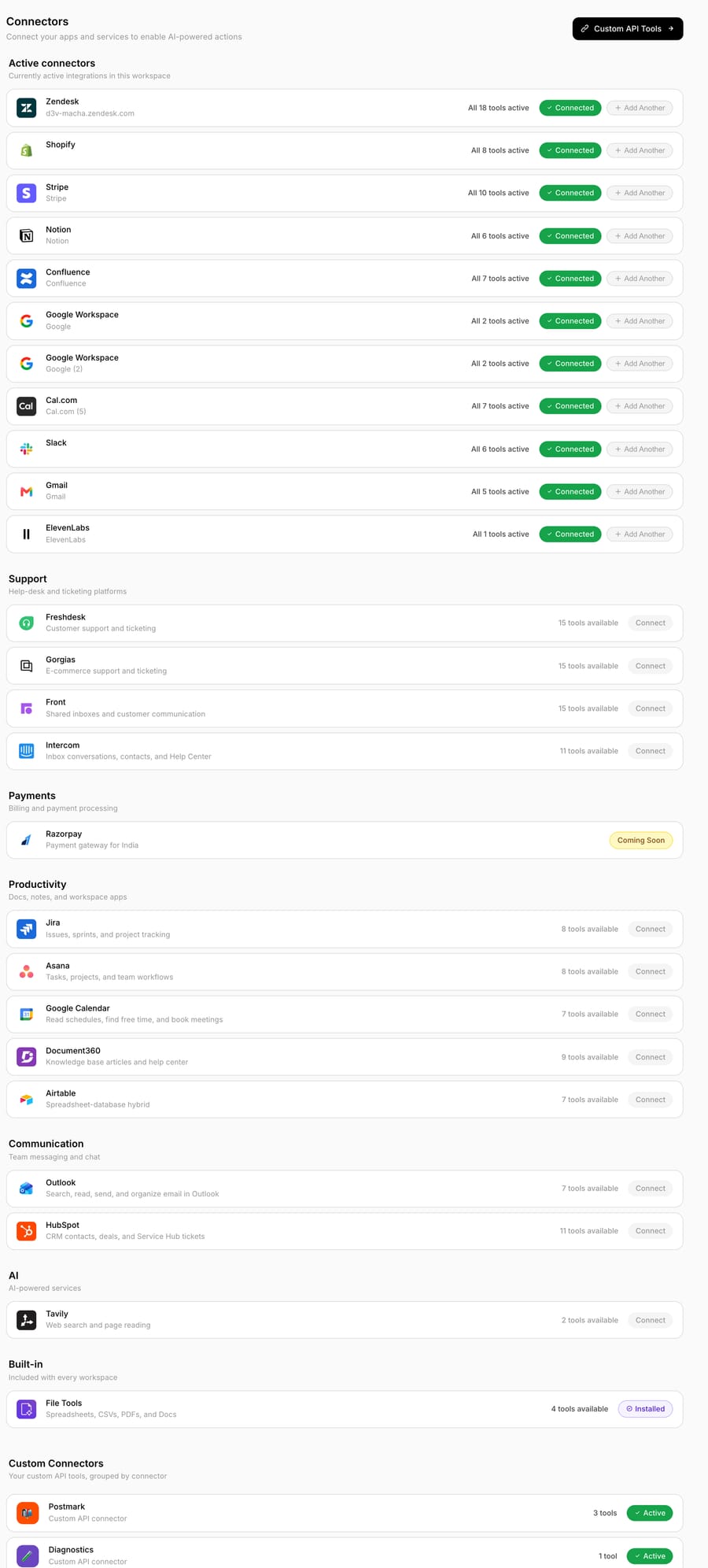The Connectors page in Macha: Front sits in the Support category next to Freshdesk, Gorgias and Intercom, with Zendesk already connected above.
