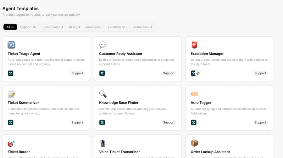 Macha's agent templates: pre-built starting points for triage, routing, drafting and summarizing.