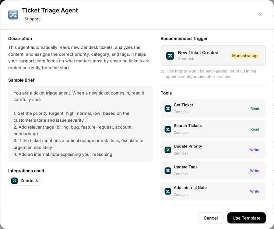 A template's detail view in Macha: the Ticket Triage Agent's instructions, five Zendesk tools, and a Recommended Trigger marked Manual setup.