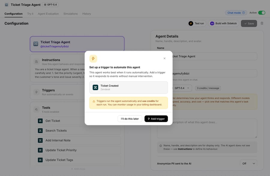 An agent just created from the Ticket Triage template: instructions, model and five Zendesk tools pre-filled, the Triggers card still empty, and Macha offering the recommended Ticket Created trigger.
