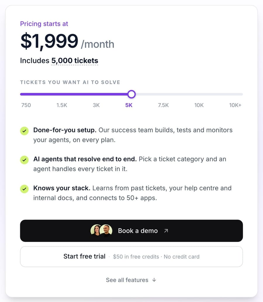 Macha pricing page with the slider on 5K: $1,999 a month including 5,000 tickets, setup by the Macha team on every plan