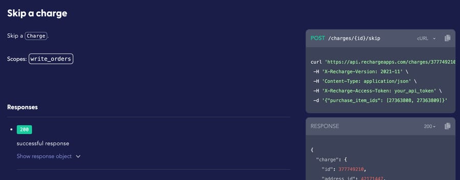 Recharge API reference for Skip a charge: POST /charges/{id}/skip, scope write_orders, sent with the X-Recharge-Version and X-Recharge-Access-Token headers