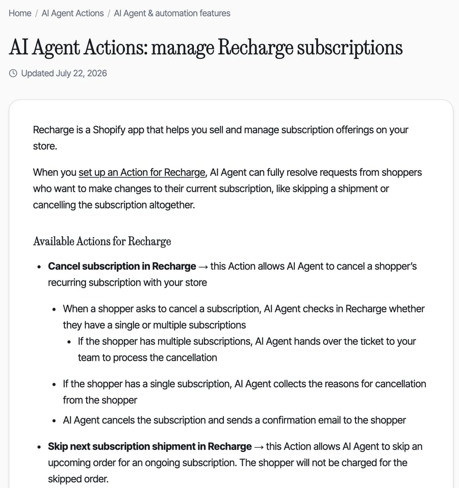 Gorgias help center article AI Agent Actions: manage Recharge subscriptions, updated July 22, 2026, listing the Cancel and Skip actions and the single-subscription rule