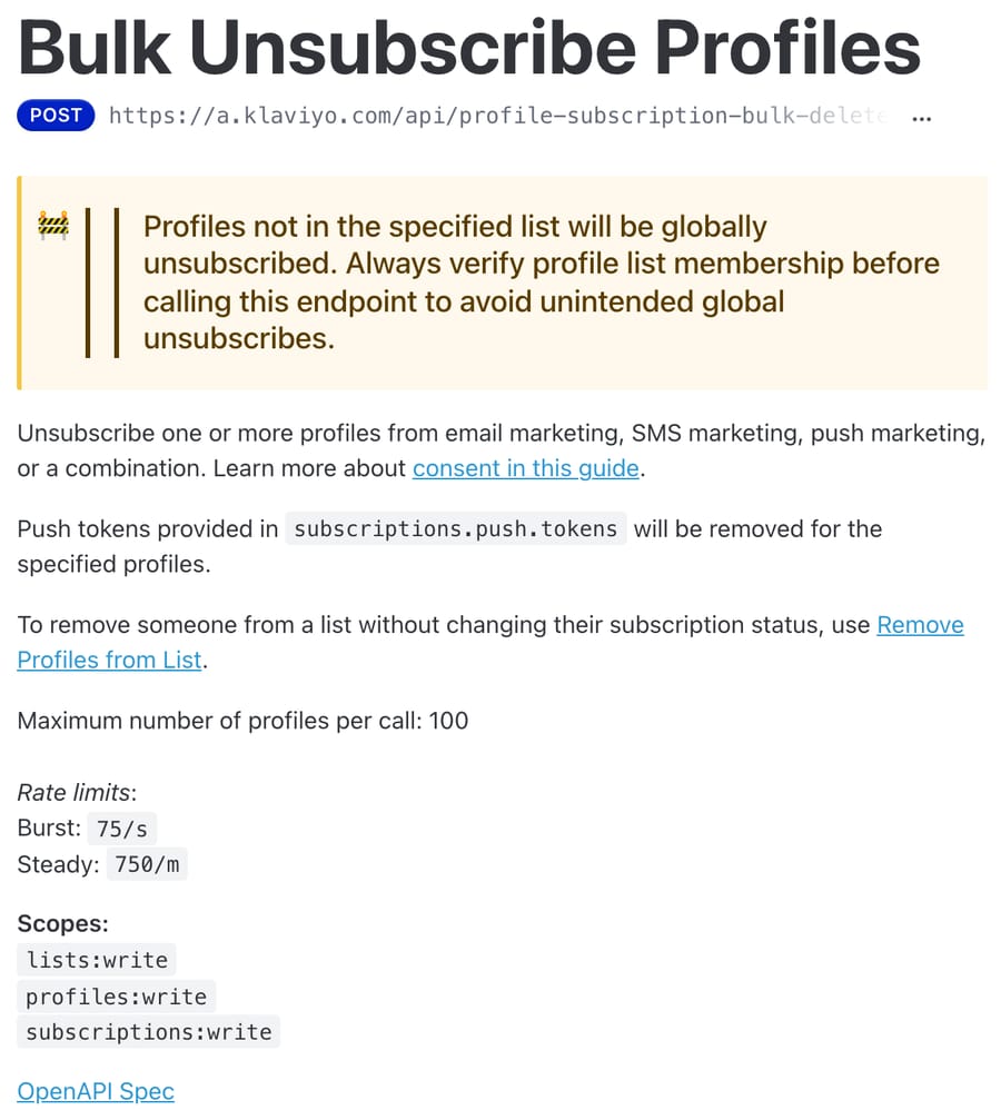 Klaviyo Bulk Unsubscribe reference: global-unsubscribe warning, 100 profiles per call, 75/s and 750/m limits, three scopes