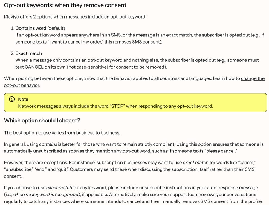 Klaviyo opt-out keyword modes: Contains word (default) and Exact match, with advice that support removes SMS consent by hand