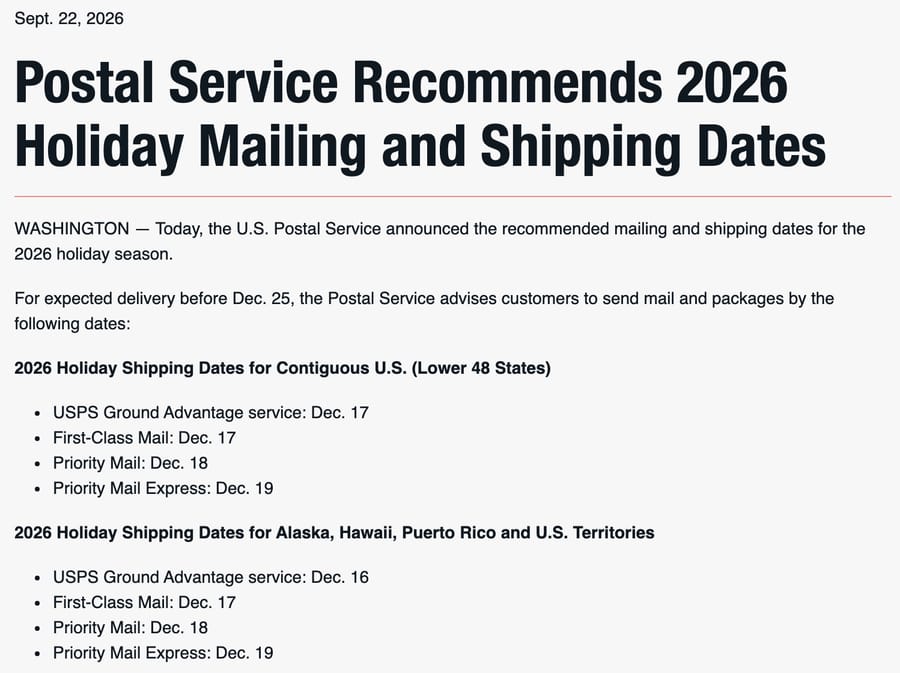USPS newsroom release of 22 September 2026 listing 2026 holiday ship-by dates: Ground Advantage 17 December, Priority Mail 18 December