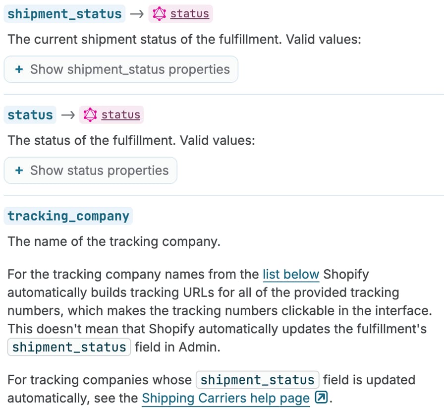 Shopify Admin API fulfillment reference: shipment_status and tracking_company fields, noting Shopify doesn't always update shipment_status