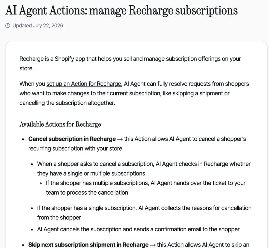 Gorgias Help Center: AI Agent cancels a Recharge subscription only for single-subscription shoppers, updated July 22, 2026