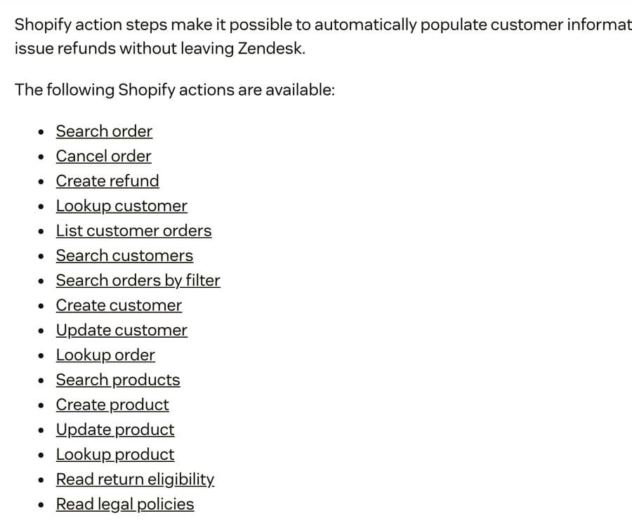 Zendesk help center list of Shopify actions for action flows, showing Cancel order and Create refund among 16 actions