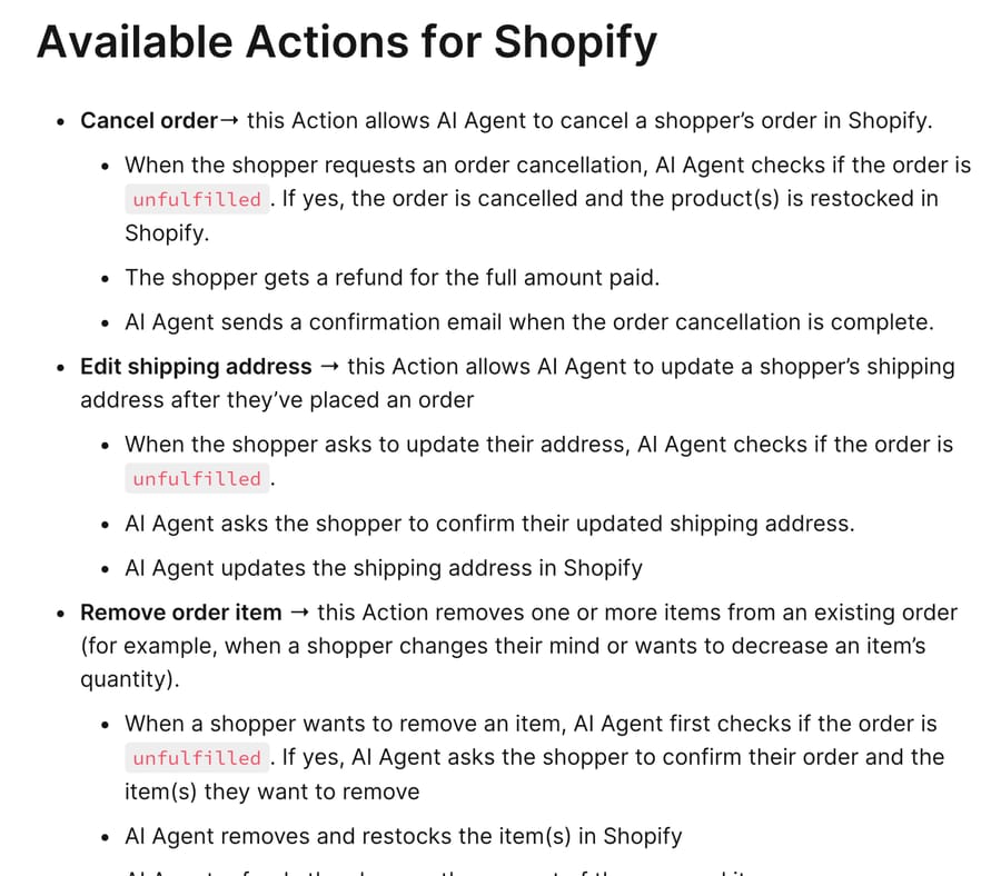 Gorgias docs page listing AI Agent Actions for Shopify, including Cancel order, Edit shipping address and Remove order item
