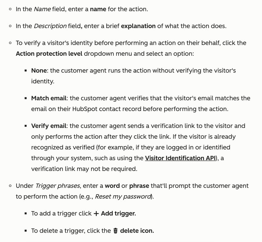 HubSpot knowledge base describing the customer agent's Action protection level options: None, Match email and Verify email