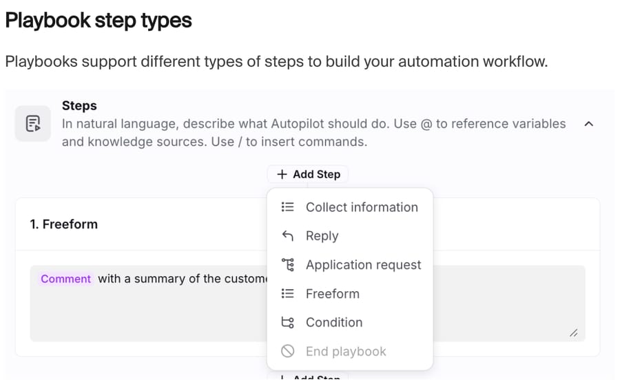 Front help center showing the Autopilot Playbook step menu with Collect information, Reply, Application request, Freeform and Condition