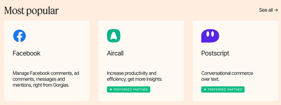 Gorgias App Store Most popular row showing Facebook, Aircall and Postscript, with Preferred Partner badges on Aircall and Postscript