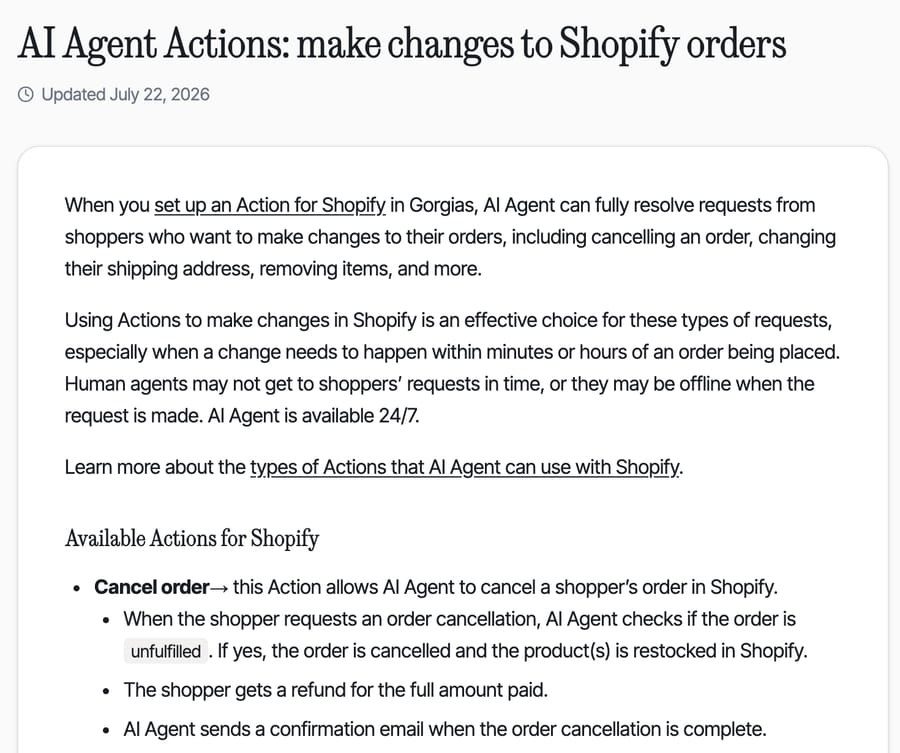 Gorgias help center article listing AI Agent Actions for Shopify, starting with Cancel order for unfulfilled orders