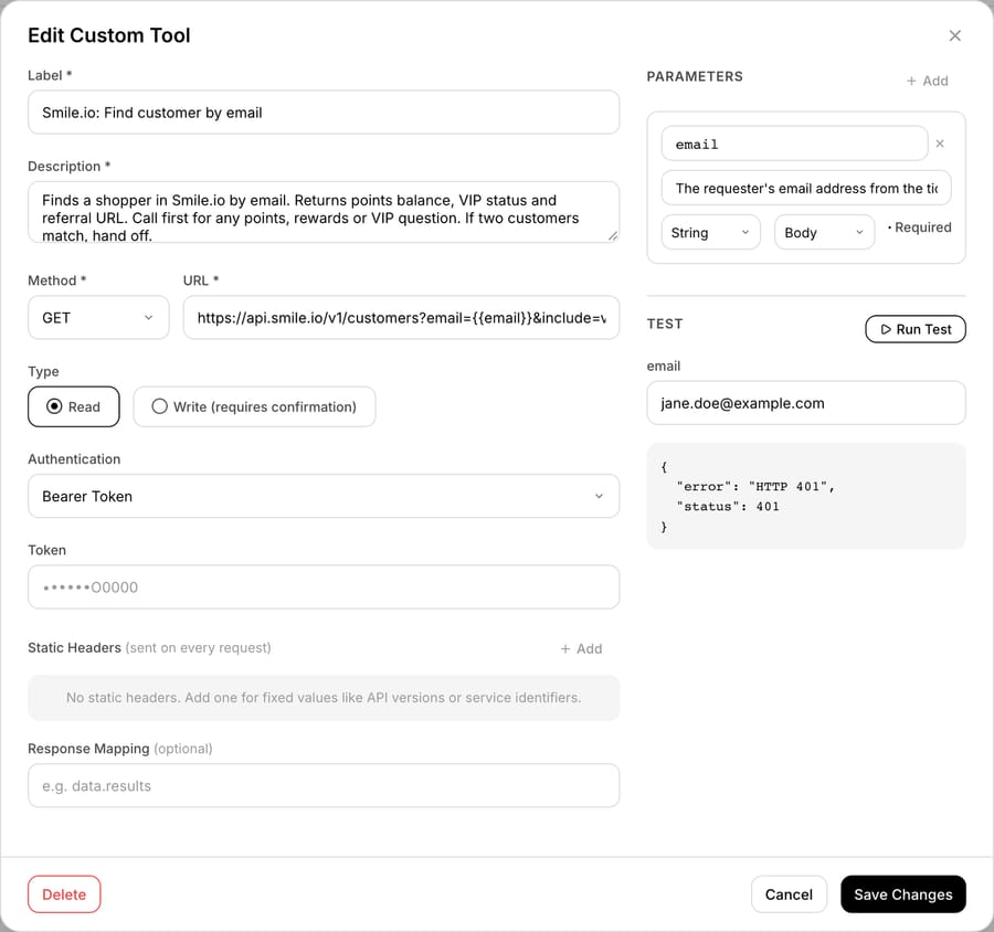 Macha custom tool "Smile.io: Find customer by email" with Bearer auth, tested with a dummy key: Smile's API returned HTTP 401
