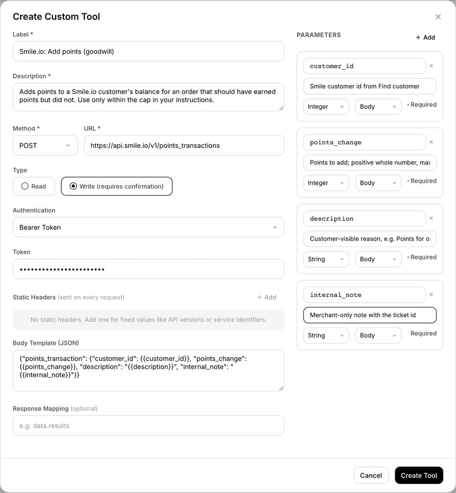 Macha custom tool "Smile.io: Add points (goodwill)" set to Write, POST to points_transactions with four body parameters