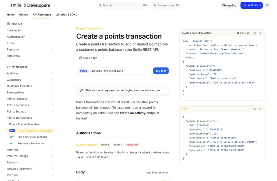 Smile.io API reference for POST /points_transactions, showing the points_transaction:write scope and the negative-balance rule