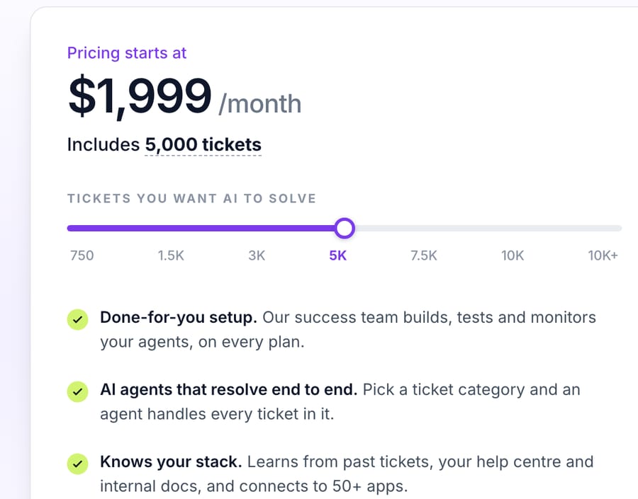 Macha pricing page with the slider on 5K: $1,999 a month, includes 5,000 tickets, done-for-you setup on every plan
