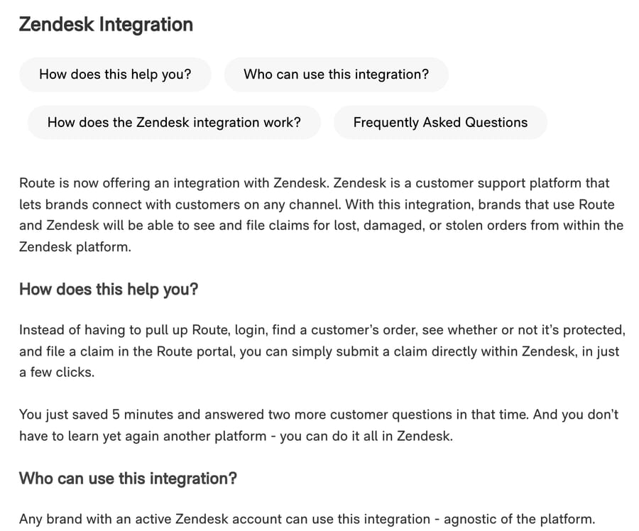 Route's merchant help article on its Zendesk app, which lets brands see and file claims for lost, damaged or stolen orders