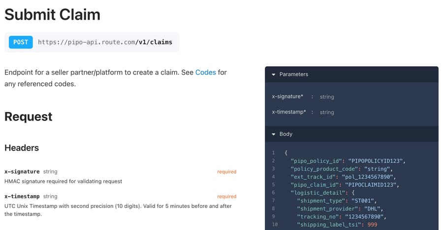 Route's Submit Claim endpoint in the TikTok Shop PIPO partner API, requiring x-signature (HMAC) and x-timestamp headers