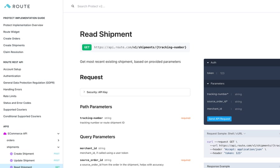 Route's Read Shipment endpoint: GET api.route.com/v1/shipments/{tracking-number}, token header, source_order_id required