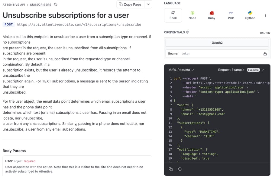 Attentive unsubscribe reference: an empty request unsubscribes from everything; email and phone reach separate subscriptions