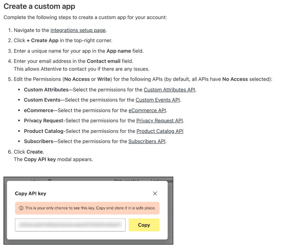 Attentive custom app setup: No Access or Write per API, including Subscribers and Privacy Request, and a one-time API key