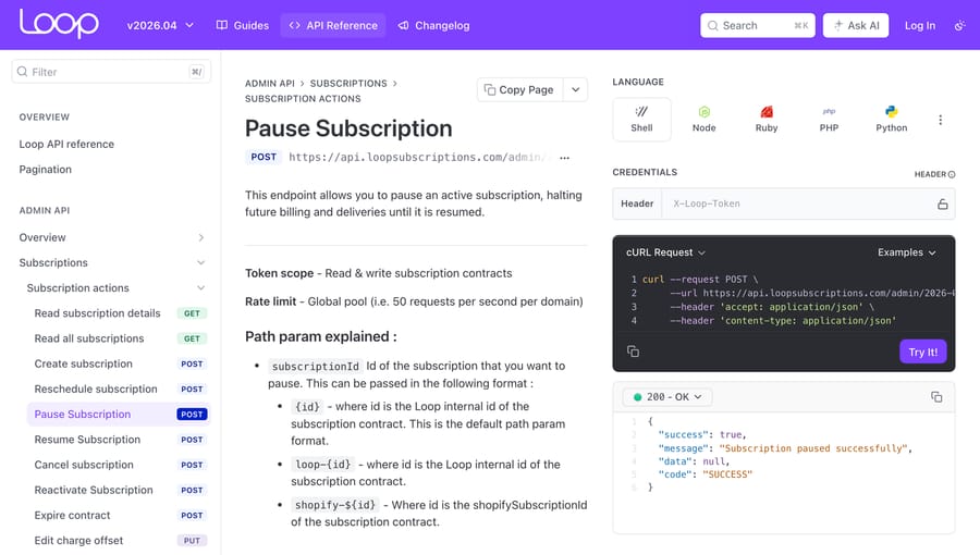 Loop Admin API Pause Subscription endpoint reference