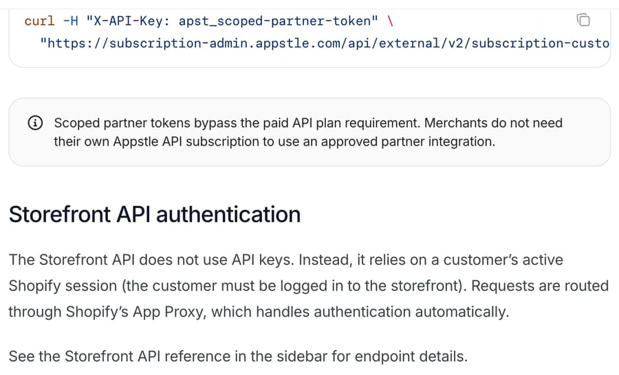 Appstle's authentication docs: scoped partner tokens bypass the paid API plan requirement that applies to merchant keys