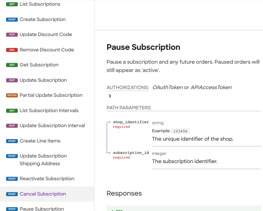 Bold's Subscriptions API reference: Pause Subscription accepts an OAuthToken or APIAccessToken, and paused orders still show as active