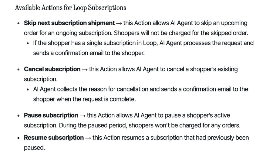 Gorgias Help Center: AI Agent Actions for Loop Subscriptions, listing skip, cancel, pause and resume