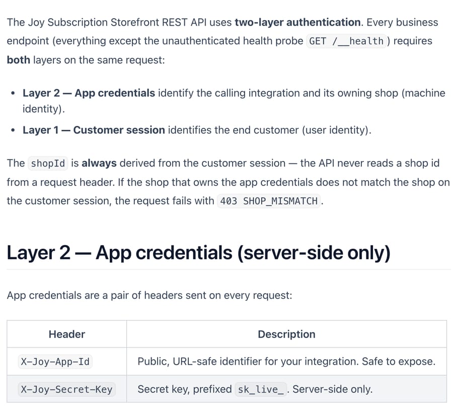 Joy Subscription's Storefront API docs: every business endpoint needs app credentials and the customer's own OAuth session