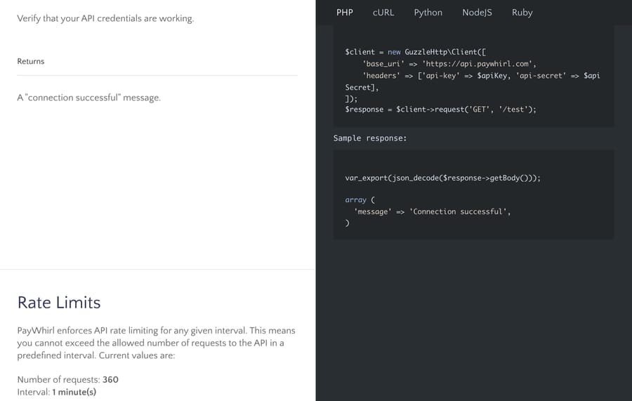 PayWhirl's API reference: api-key and api-secret headers on every request, and a limit of 360 requests per minute