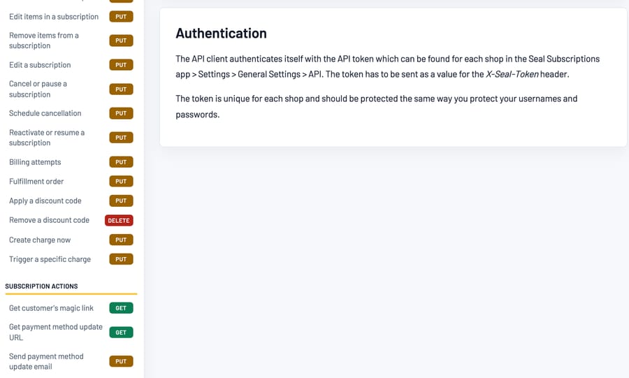 Seal's merchant API documentation: the token sits in Settings, goes in the X-Seal-Token header, and one endpoint cancels or pauses